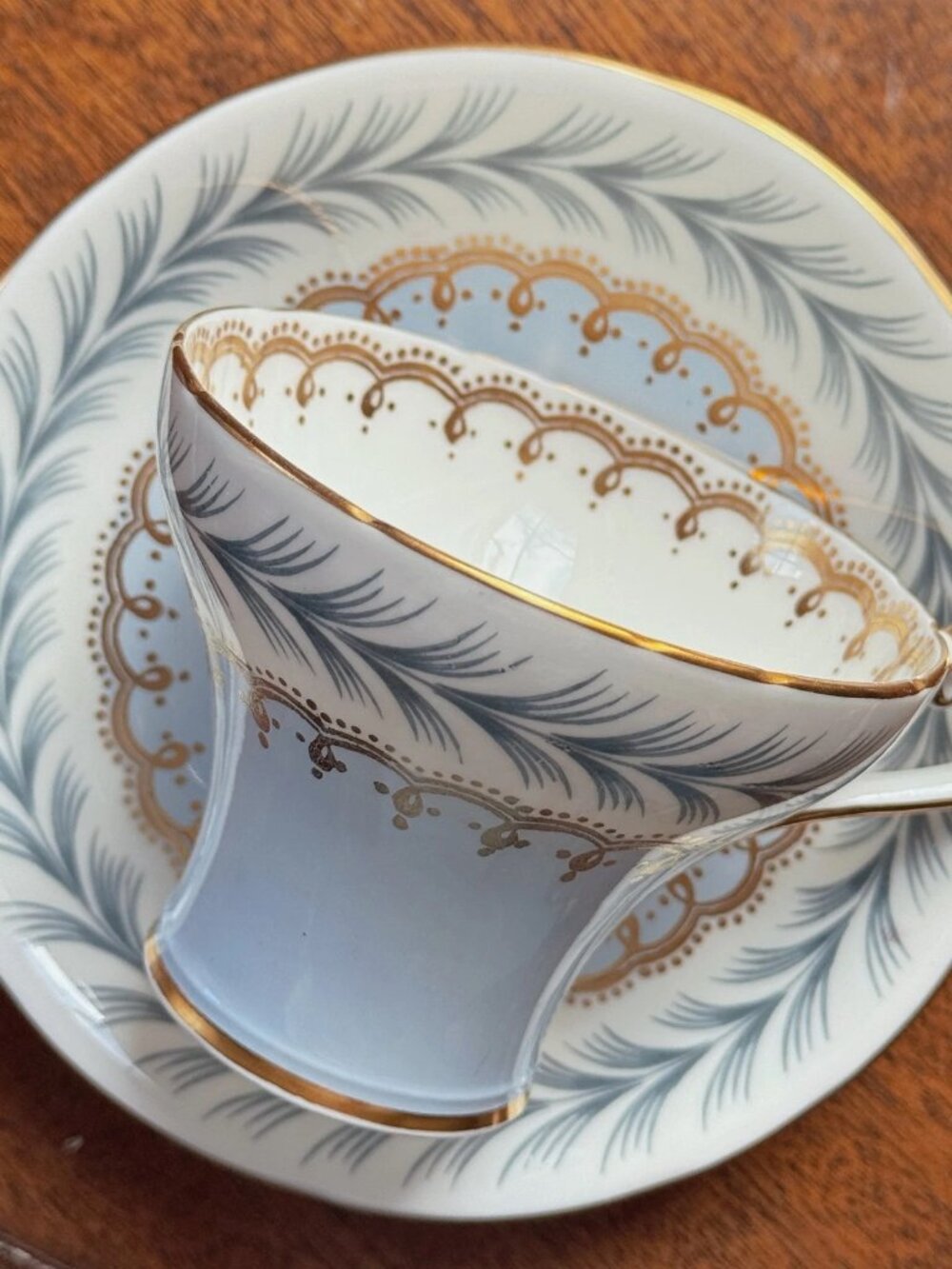 Aynsley Light Blue Gold Corset Teacup Saucer